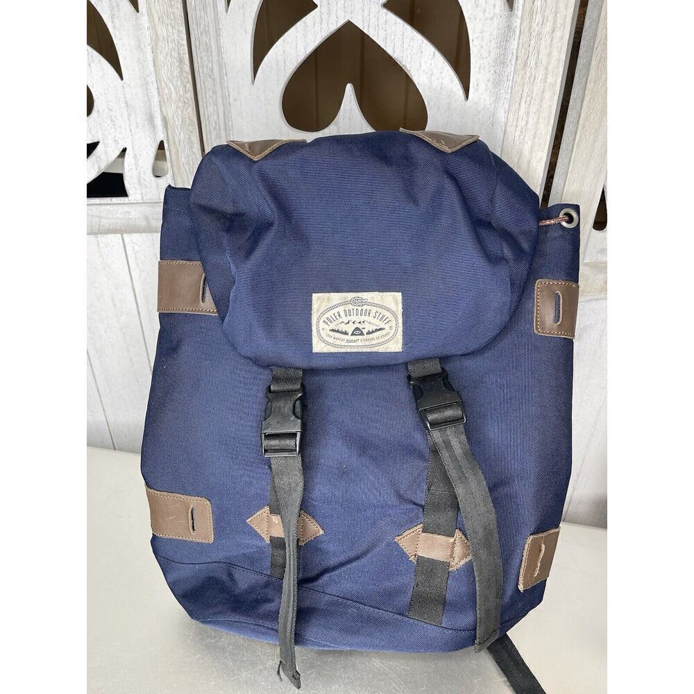 Poler Outdoor Stuff Blue Tan Leather Backpack Drawstring Lightweight Bag Oregon